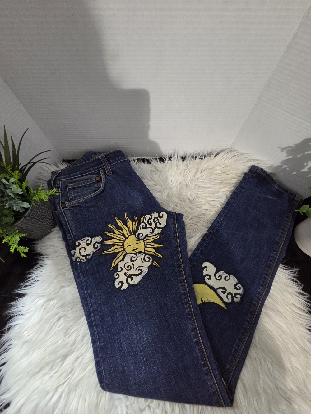Custom Painted Celestial Sun & Cloud Super Slim Leg Liw Waist Denim Jeans, 32x32